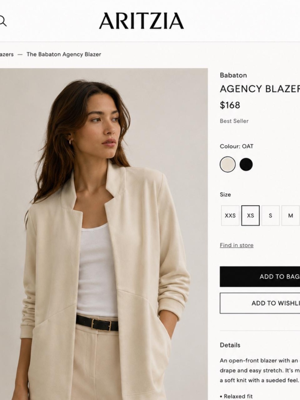 Aritzia Babaton Oat Open-Front Blazer